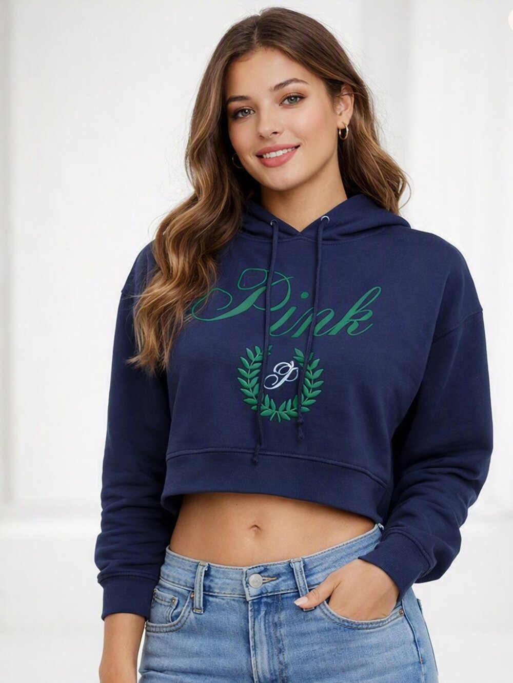 NWT PINK Victoria's Secret Navy Blue and Green Cropped Hoodie Women's Size Large